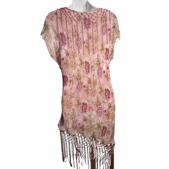Vintage 90s Y2K Floral Fringe Pink Temptation Large Flapper Style Max Dress Set - Picture 4 of 8